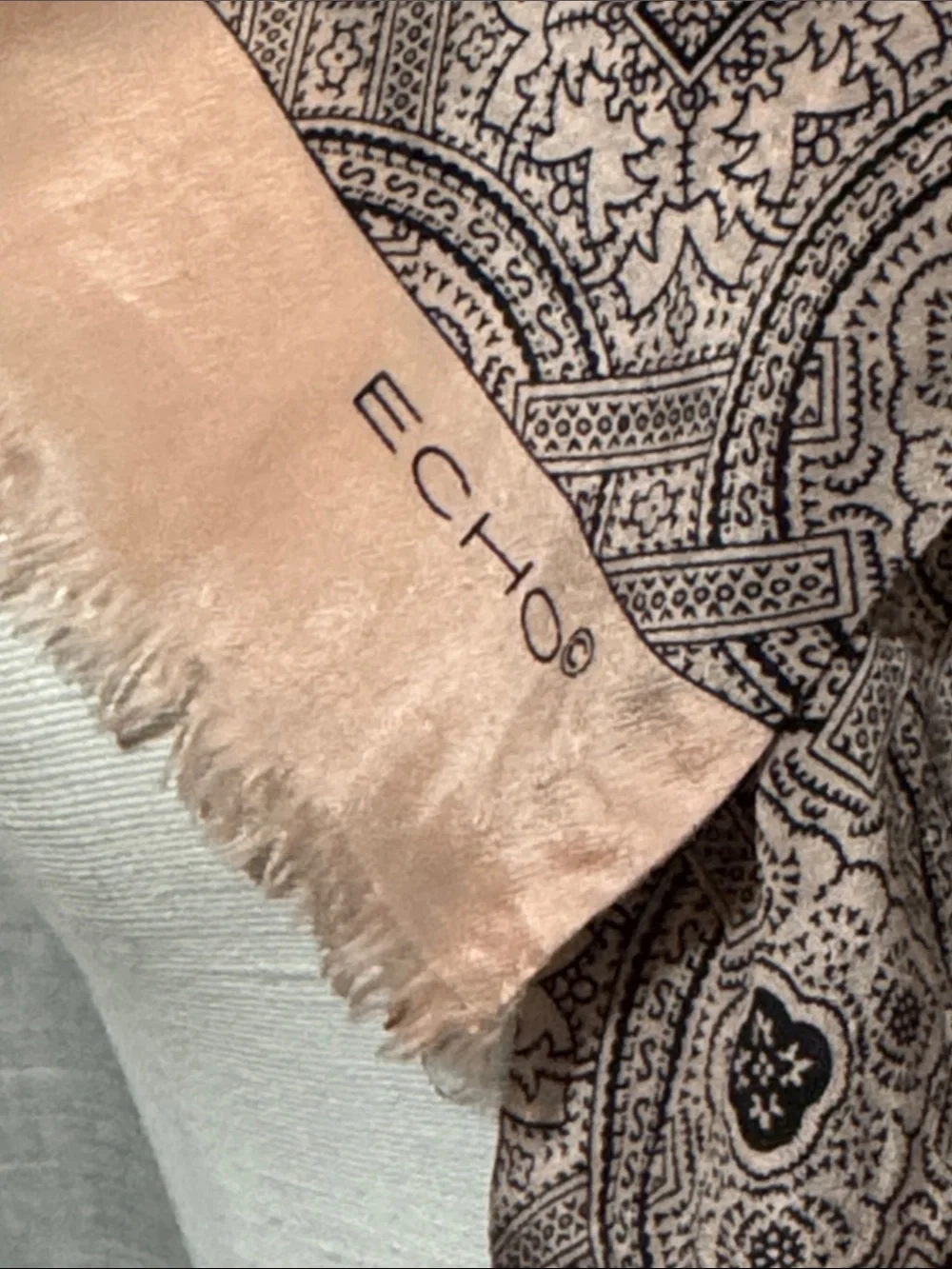 Vintage ECHO Scarf-Pink/Black-Silk-Geometric Medallion Print-Short Fringe-EUC